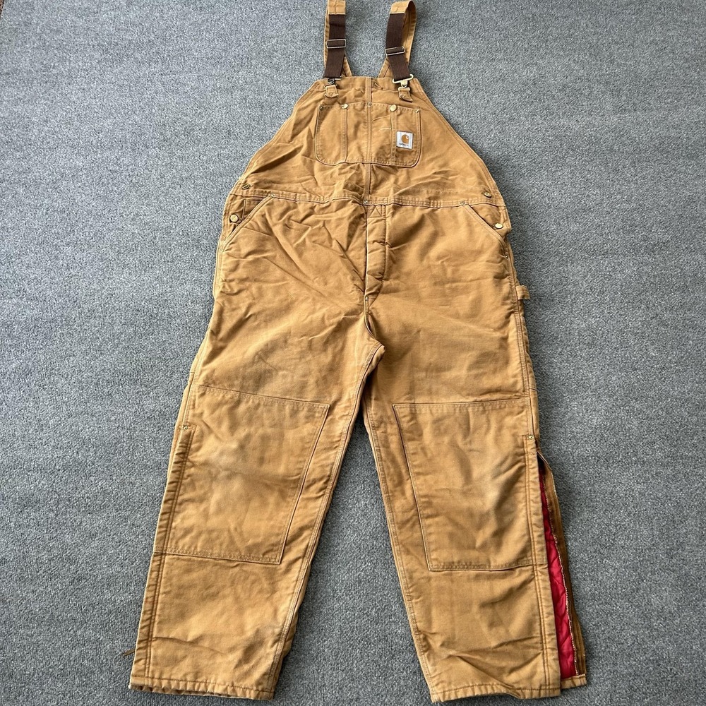 Carhartt Bib Overalls Mens 50x30 Brown RO2BRN Duck Quilt Lined Warm‎ Workwear